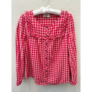 ANTHROPOLOGIE Holding Horses Gingham Ruffle Button Down Blouse Pink Red | Small